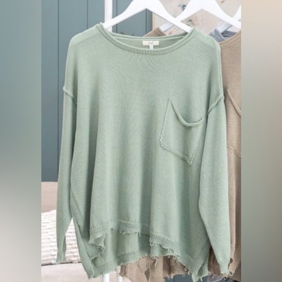 easel Sweaters - NWT Women’s EASEL Sage green wide neck raw hem oversized sweater- Size small
